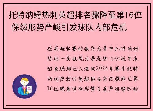 托特纳姆热刺英超排名骤降至第16位 保级形势严峻引发球队内部危机