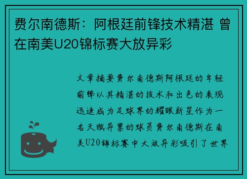 费尔南德斯：阿根廷前锋技术精湛 曾在南美U20锦标赛大放异彩